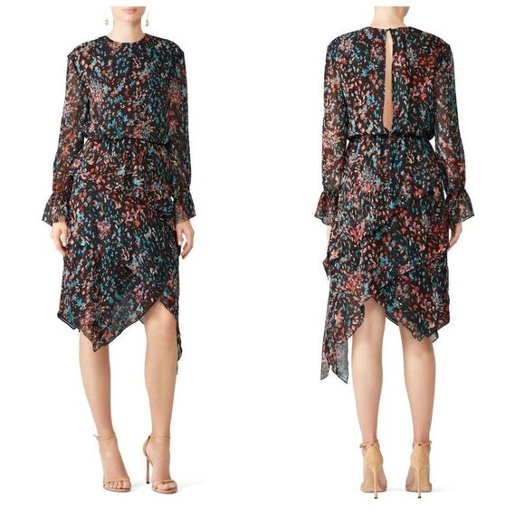 Iro Floral Asymmetrical Hem Long Sleeves Black Dress Size 38/Medium - Picture 1 of 12